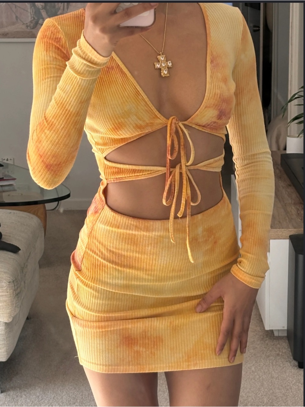 I AM GIA Yellow Orange Tie Die Tie-Front Cutout Ribbed Mini Dress